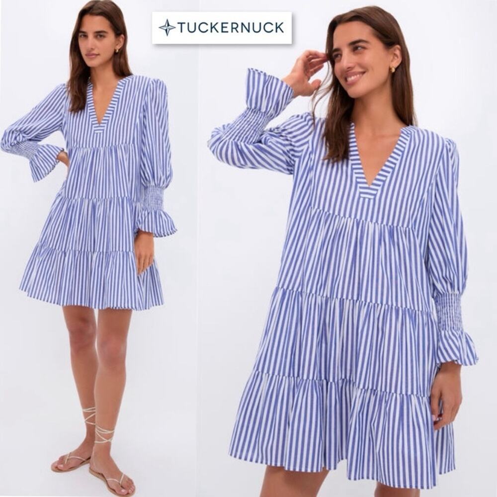 Tuckernuck Pomander Place Blue White Kenzo Dress Stripe Cotton Poplin Mini sz XL - Picture 4 of 9